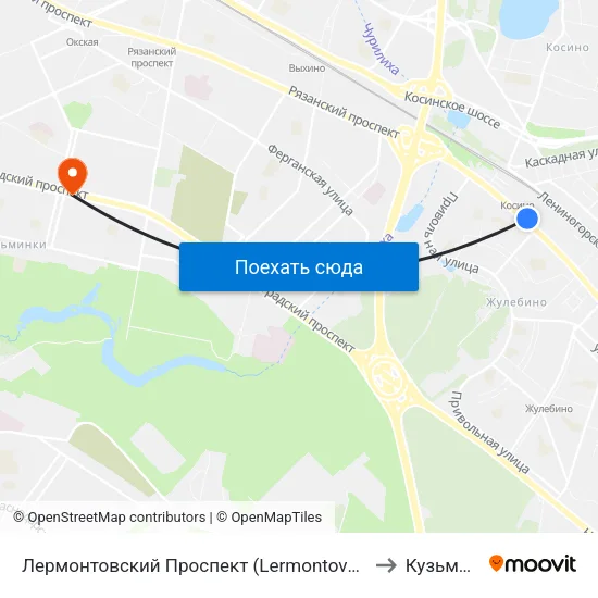 Лермонтовский Проспект (Lermontovsky Prospekt) to Кузьминки map