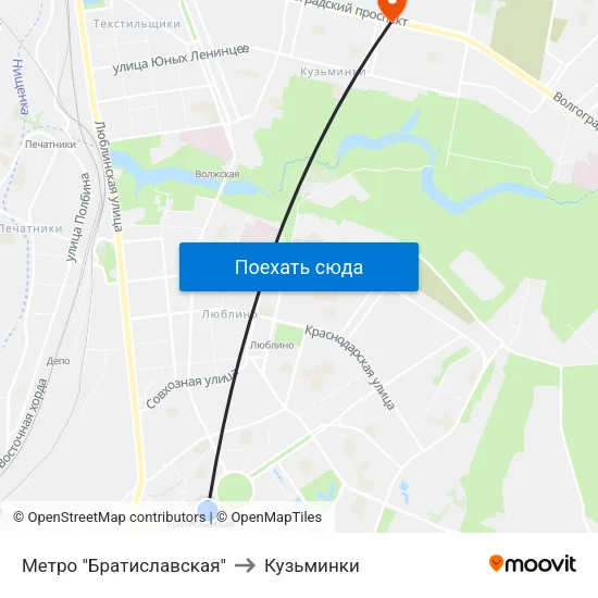Метро "Братиславская" to Кузьминки map