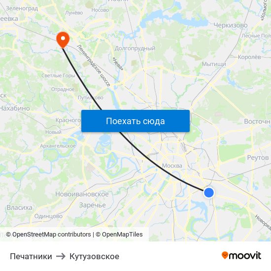 Печатники to Кутузовское map