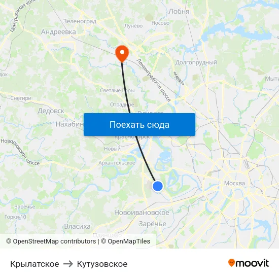Крылатское to Кутузовское map