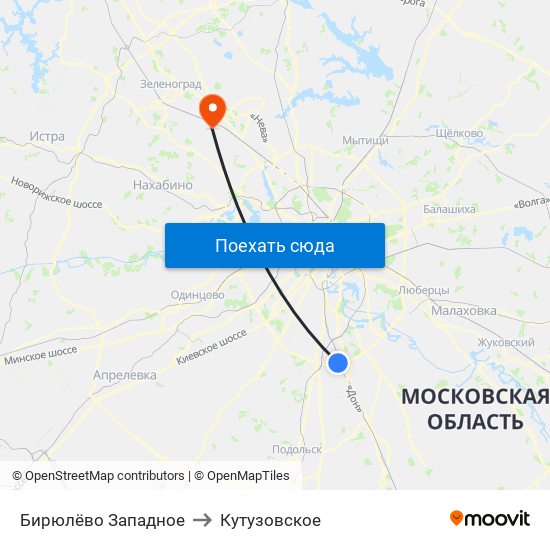 Бирюлёво Западное to Кутузовское map