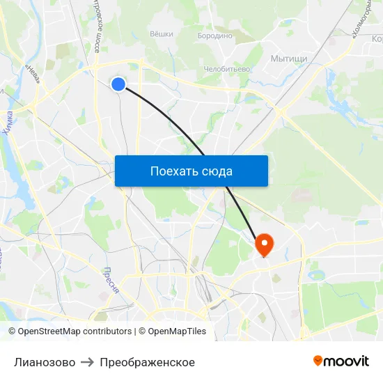Лианозово to Преображенское map