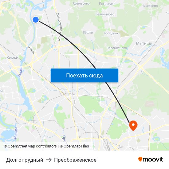 Долгопрудный to Преображенское map