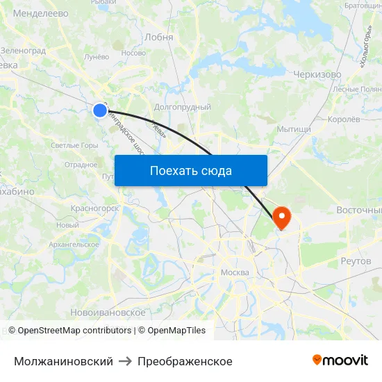 Молжаниновский to Преображенское map