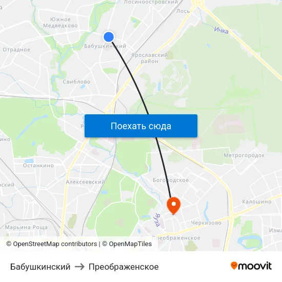 Бабушкинский to Преображенское map