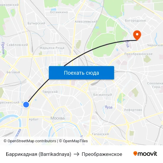 Баррикадная (Barrikadnaya) to Преображенское map