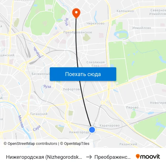Нижегородская (Nizhegorodskaya) to Преображенское map