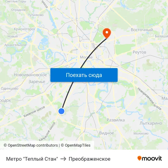 Метро "Теплый Стан" to Преображенское map
