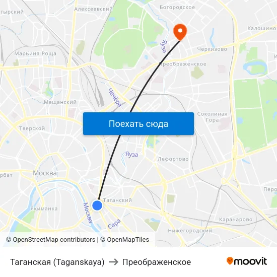 Таганская (Taganskaya) to Преображенское map
