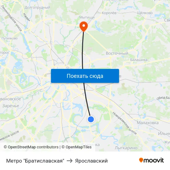Метро "Братиславская" to Ярославский map
