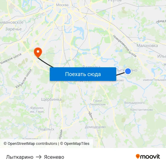 Лыткарино to Ясенево map