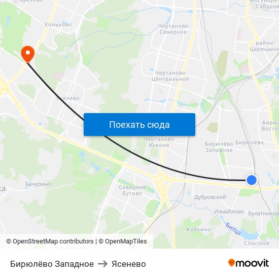 Бирюлёво Западное to Ясенево map