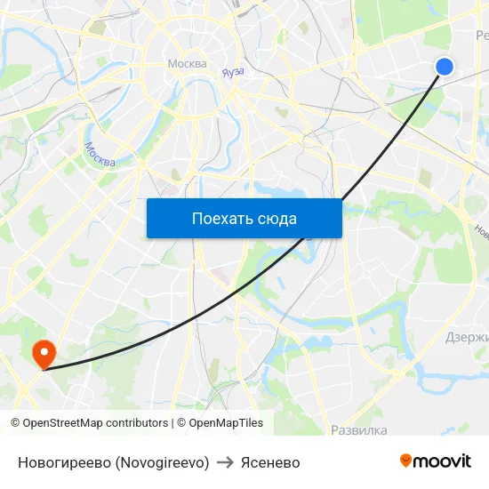 Новогиреево (Novogireevo) to Ясенево map