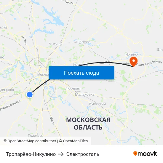 Тропарёво-Никулино to Электросталь map