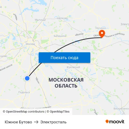 Южное Бутово to Электросталь map