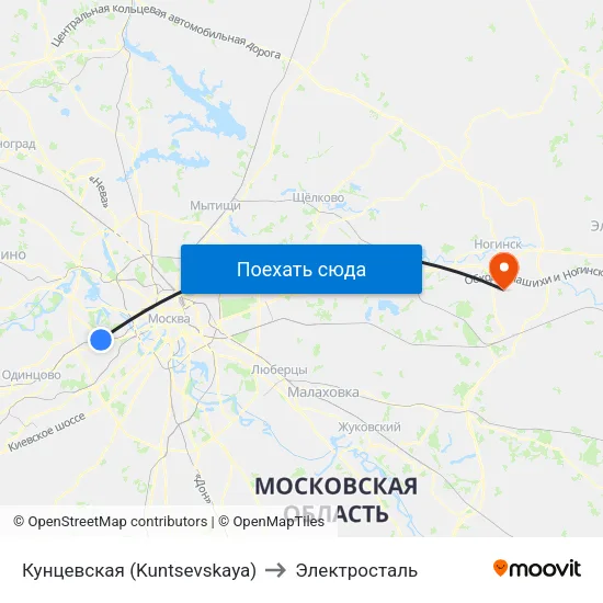Кунцевская (Kuntsevskaya) to Электросталь map