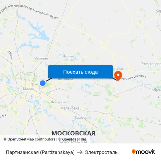Партизанская (Partizanskaya) to Электросталь map