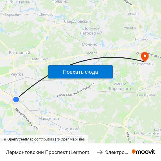 Лермонтовский Проспект (Lermontovsky Prospekt) to Электросталь map