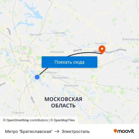 Метро "Братиславская" to Электросталь map