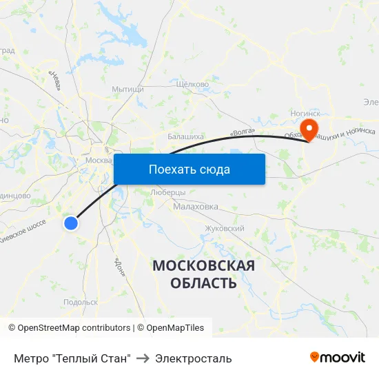 Метро "Теплый Стан" to Электросталь map