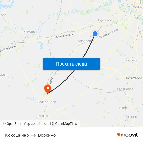 Кокошкино to Ворсино map