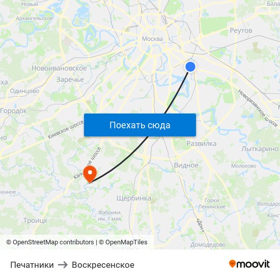 Печатники to Воскресенское map