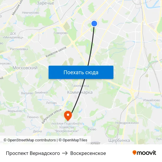 Проспект Вернадского to Воскресенское map