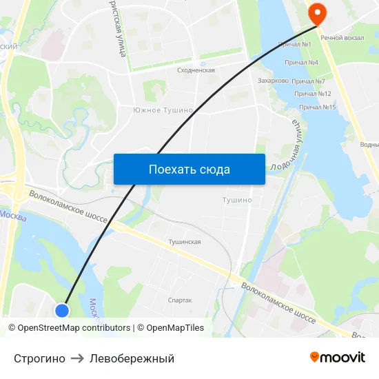 Строгино to Левобережный map