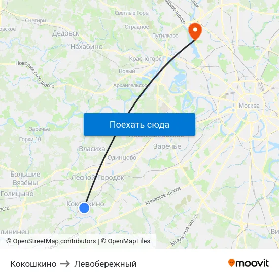Кокошкино to Левобережный map