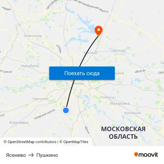 Ясенево to Пушкино map