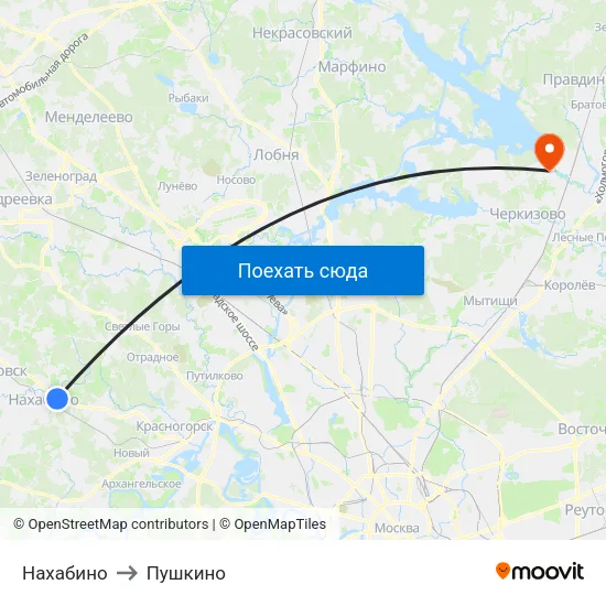 Нахабино to Пушкино map