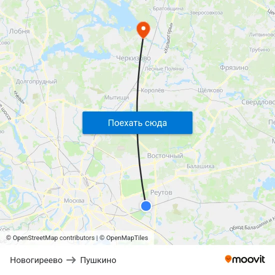 Новогиреево to Пушкино map
