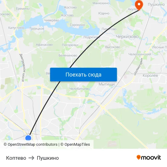 Коптево to Пушкино map