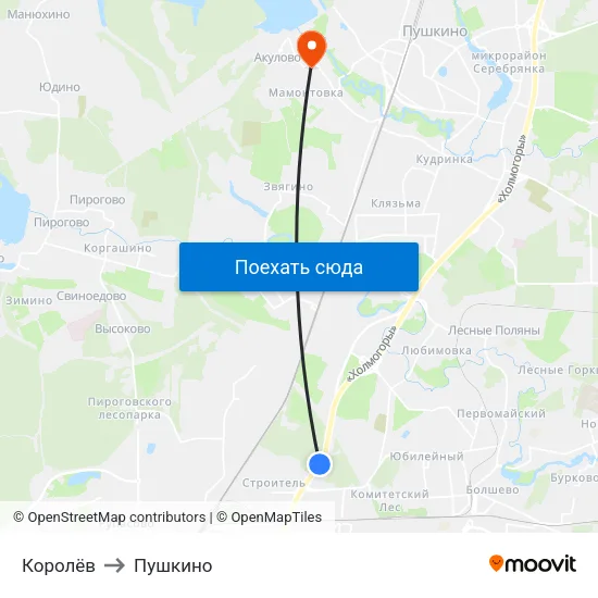 Королёв to Пушкино map