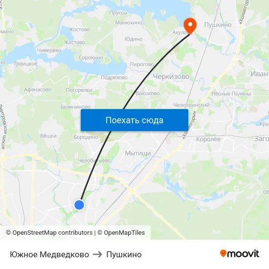 Южное Медведково to Пушкино map