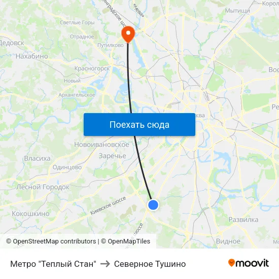 Метро "Теплый Стан" to Северное Тушино map