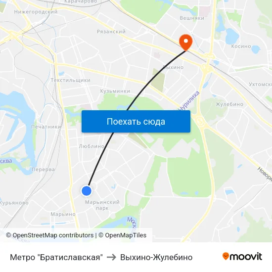 Метро "Братиславская" to Выхино-Жулебино map