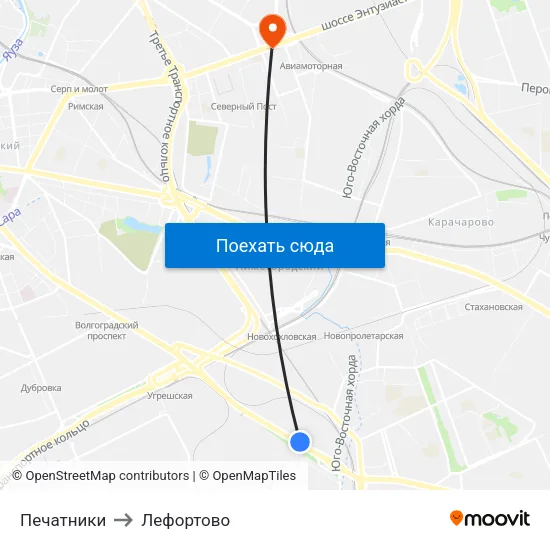 Печатники to Лефортово map