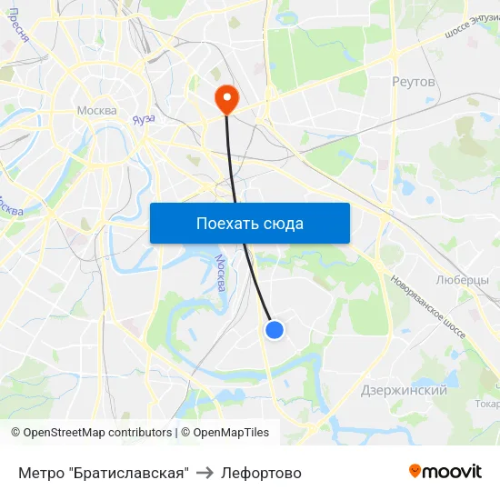 Метро "Братиславская" to Лефортово map