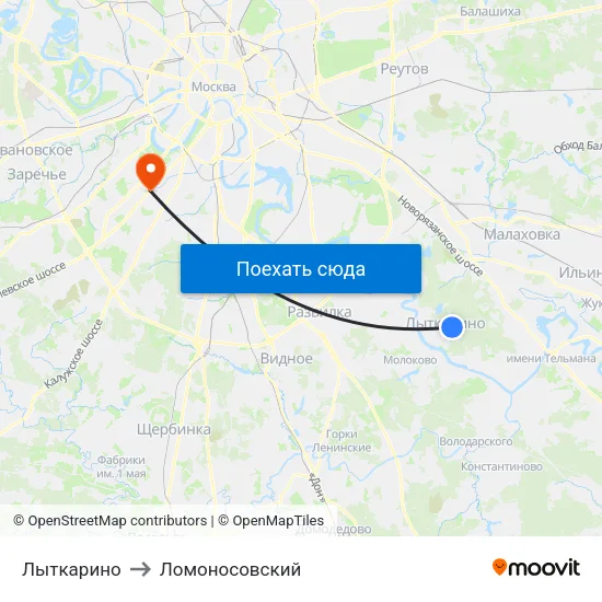Лыткарино to Ломоносовский map