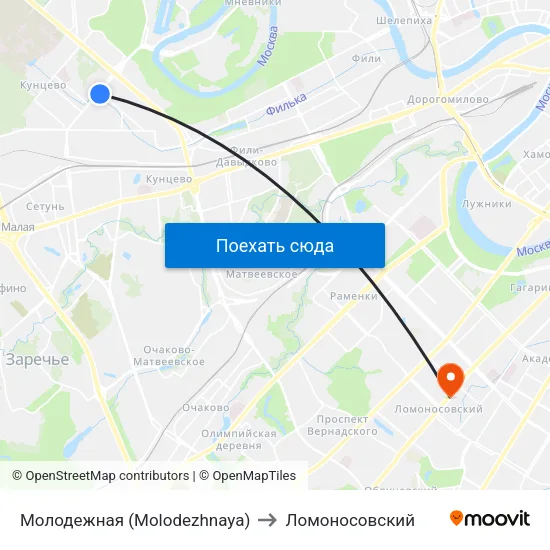 Молодежная (Molodezhnaya) to Ломоносовский map
