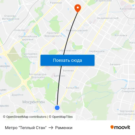 Метро "Теплый Стан" to Раменки map