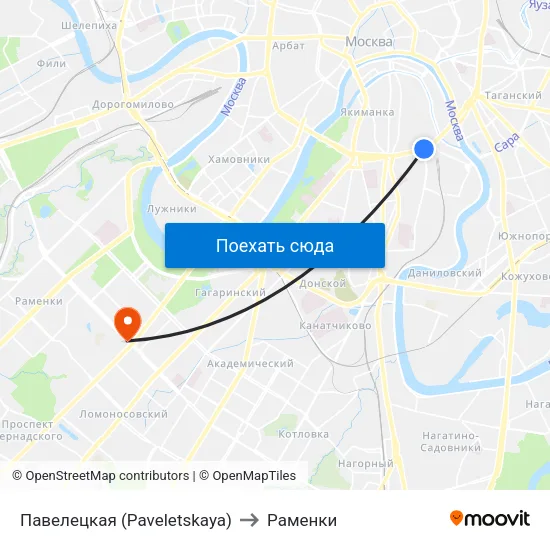 Павелецкая (Paveletskaya) to Раменки map