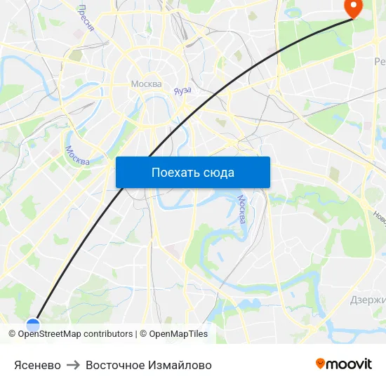 Ясенево to Восточное Измайлово map