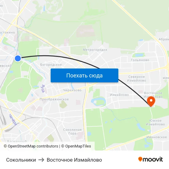 Сокольники to Восточное Измайлово map