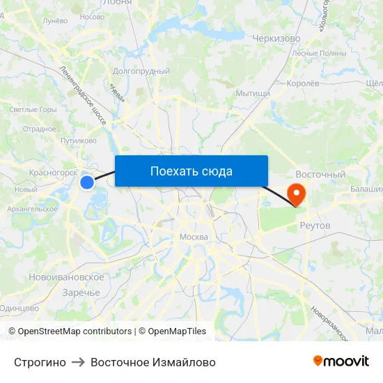 Строгино to Восточное Измайлово map