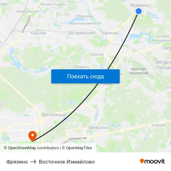 Фрязино to Восточное Измайлово map