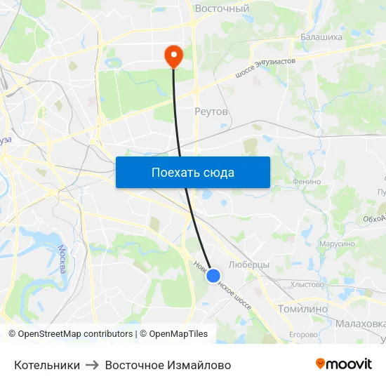 Котельники to Восточное Измайлово map