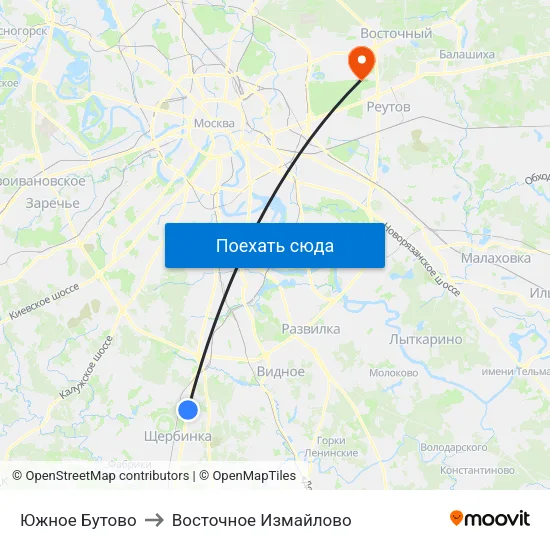 Южное Бутово to Восточное Измайлово map