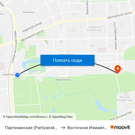 Партизанская (Partizanskaya) to Восточное Измайлово map